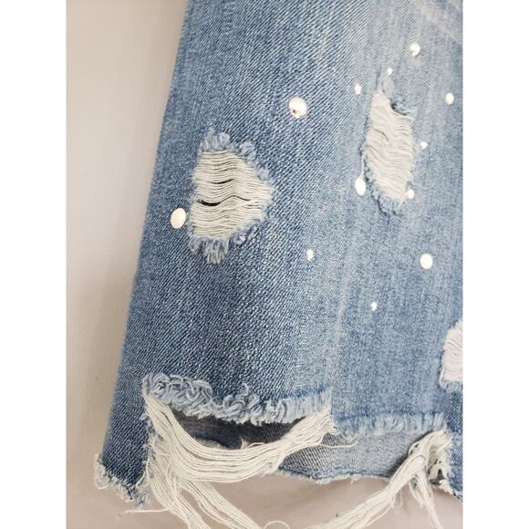 NEW PLUS SIZE‎ 18 Ashley Stewart Denim Skirt Pockets Distressed Rhinestone y2k - Picture 2 of 5